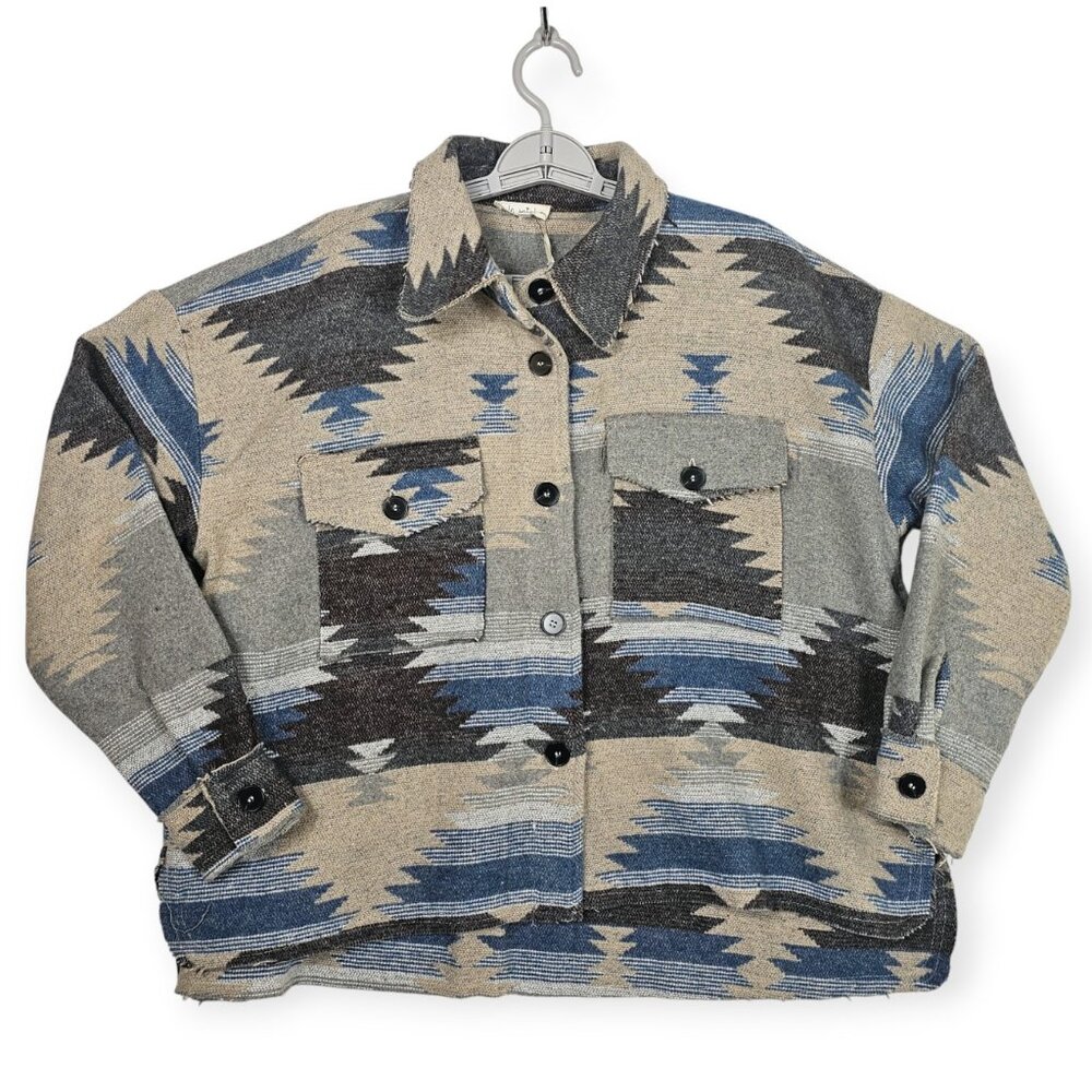 La Miel Southwestern Aztec Blanket Shacket Size S Beige & Blue NWT Boho Style